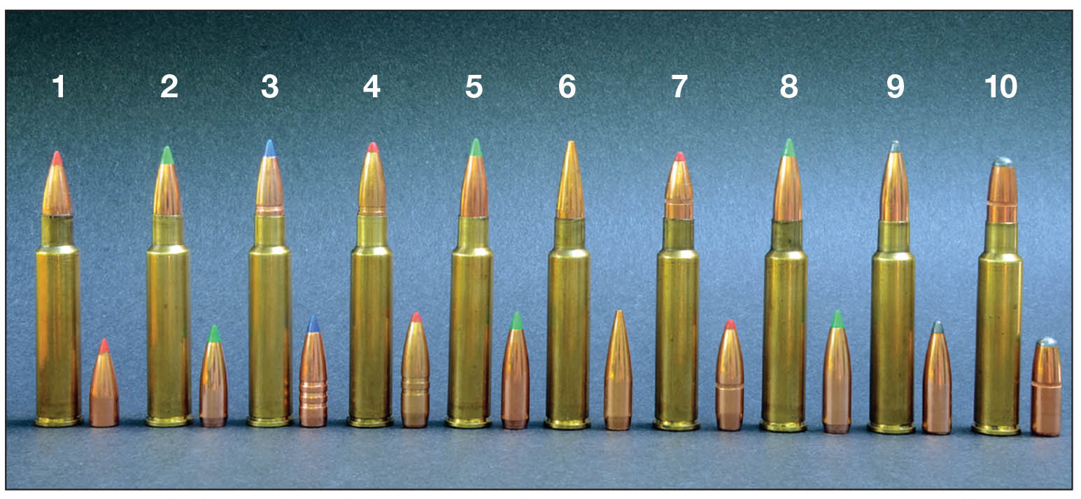 Test bullets included the (1) Hornady 110-grain V-MAX, (2) Nosler 125 Ballistic Tip, (3) Barnes TTSX 130, (4) Hornady 140 MonoFlex, (5) Nosler 150 Ballistic Tip, (6) Berger 155 VLD Hunting, (7) Hornady 160 FTX, (8) Nosler 165 Ballistic Tip, (9) Nosler 165 Partition and the (10) Nosler 170-grain Partition.